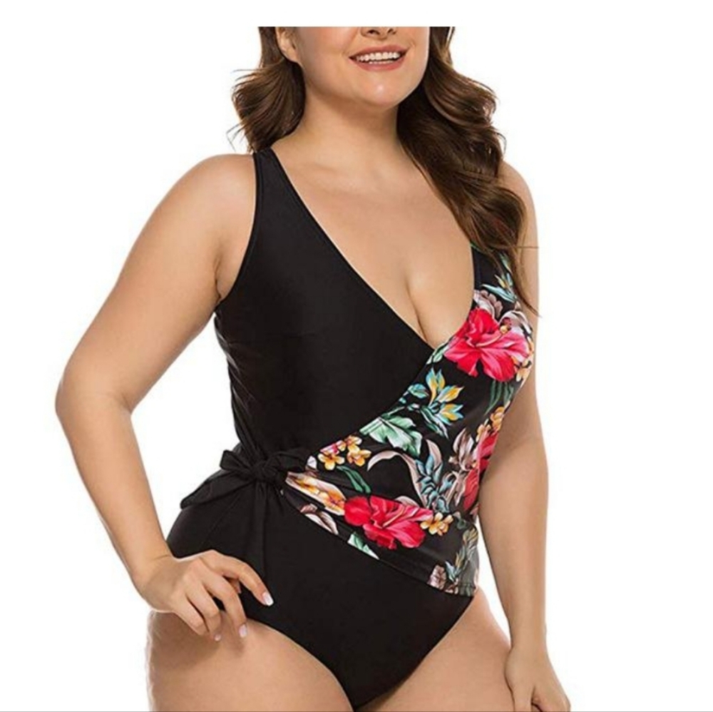 Floral Asymmetrical Elegant Faux Wrap Ribbon Swimsuit